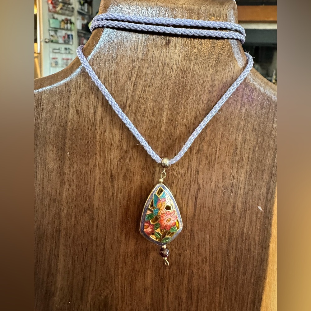 Floral Butterfly Cloisonnne Pendant Necklace with Purple Cord - Picture 2 of 8
